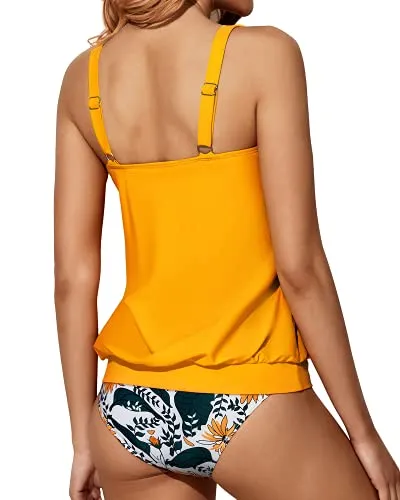 Women's Blouson Tankini Set Triangle Briefs-Yellow Floral