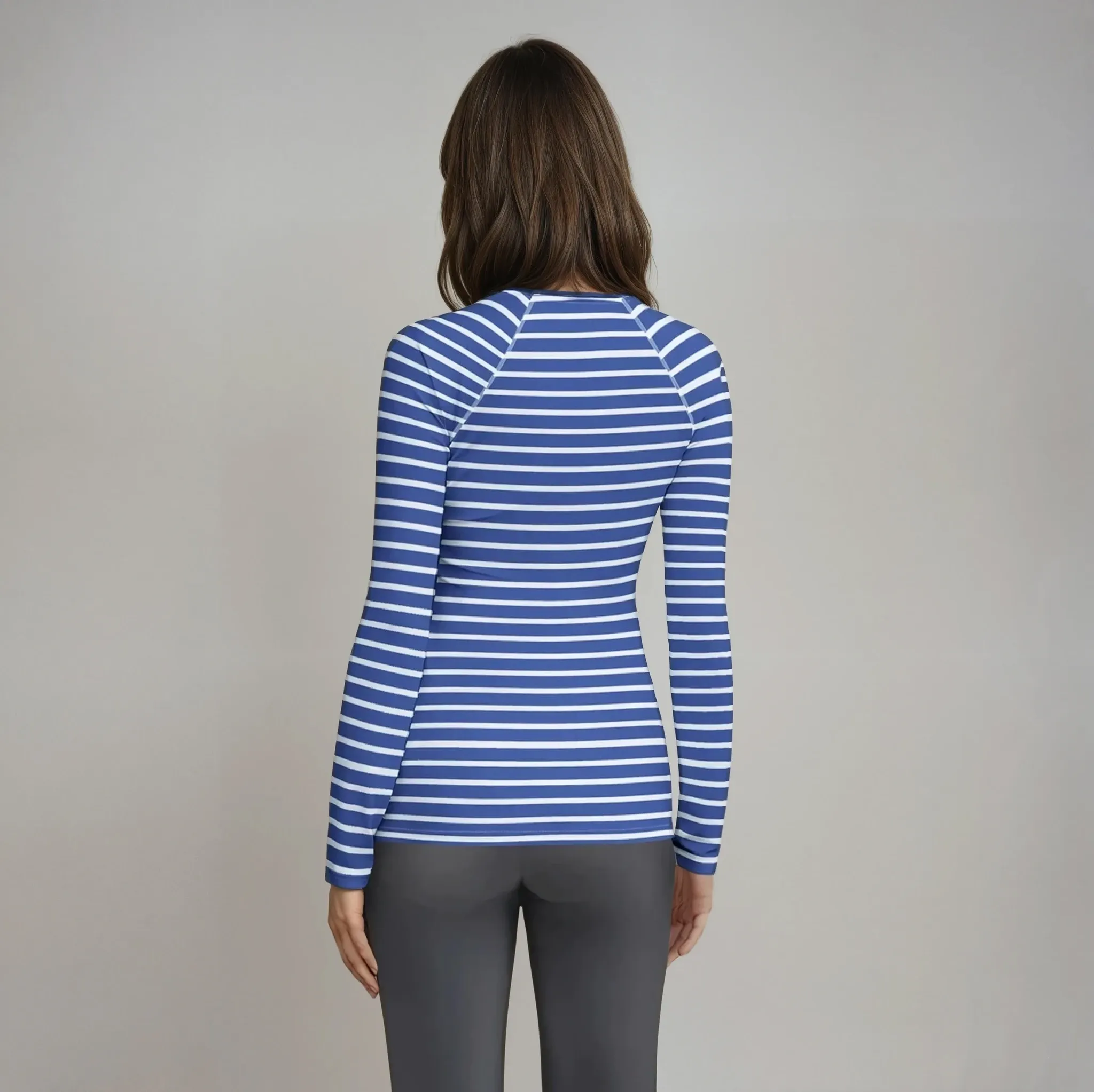 Women's Blue Beach Stripe Rash Guard, UPF 50  Sun Shirt