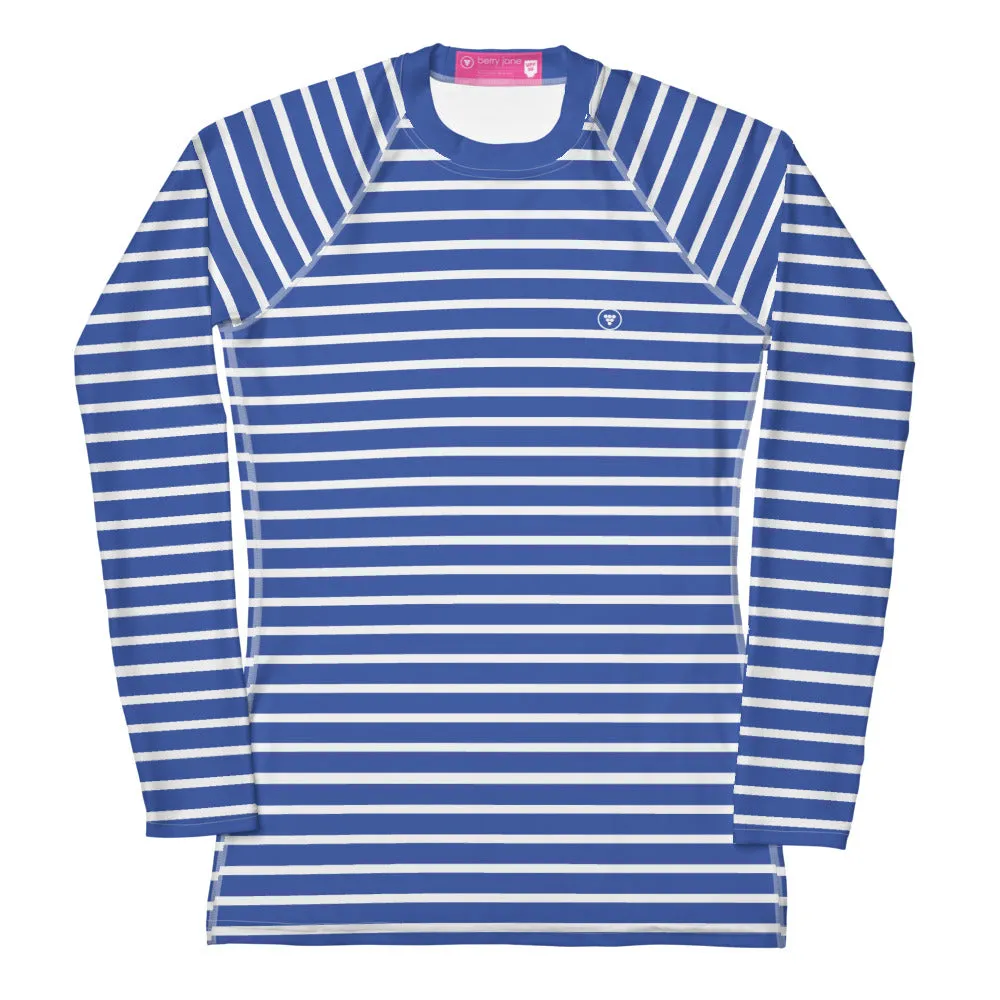 Women's Blue Beach Stripe Rash Guard, UPF 50  Sun Shirt