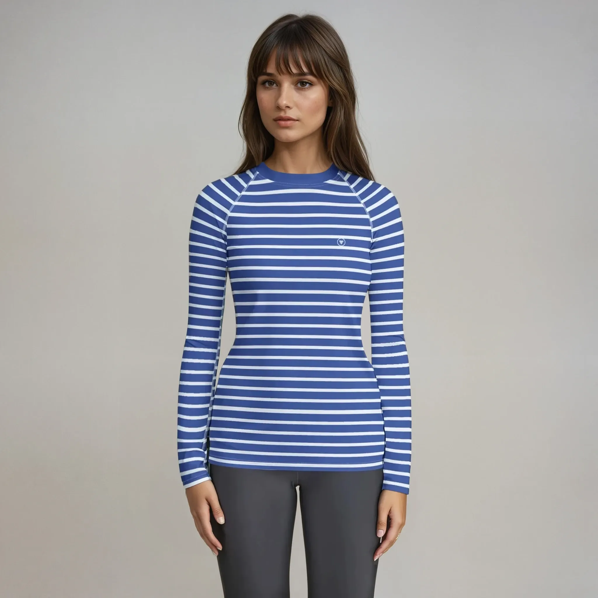 Women's Blue Beach Stripe Rash Guard, UPF 50  Sun Shirt