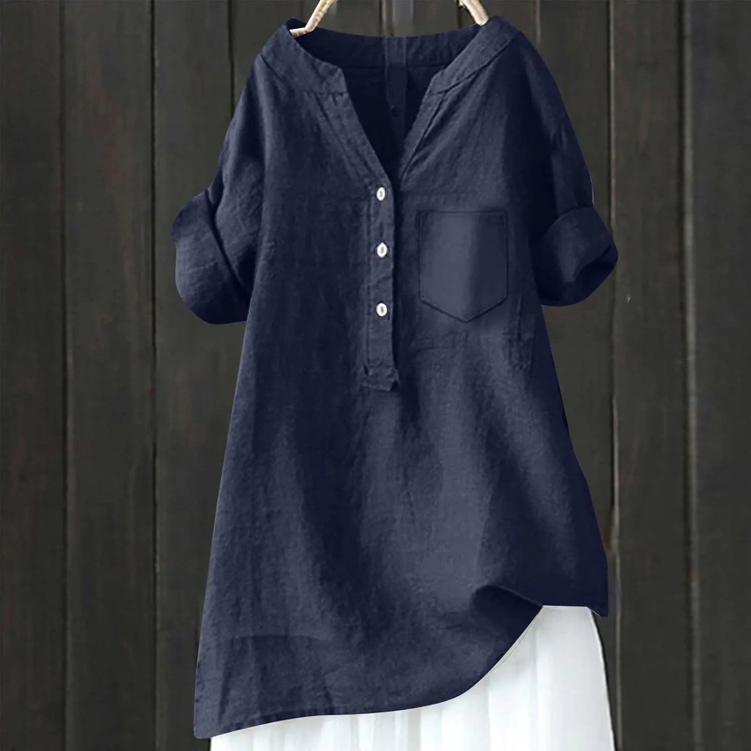 Womens Button Down Collar Shirt Plain Long Sleeve Linen Summer Casual Office Blouse Tops Loose Fit Tunic