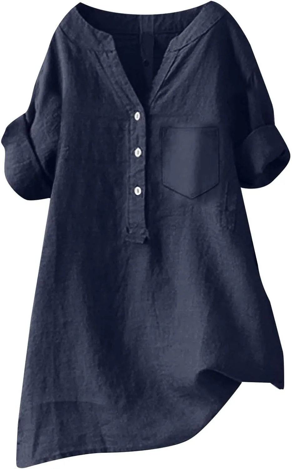 Womens Button Down Collar Shirt Plain Long Sleeve Linen Summer Casual Office Blouse Tops Loose Fit Tunic