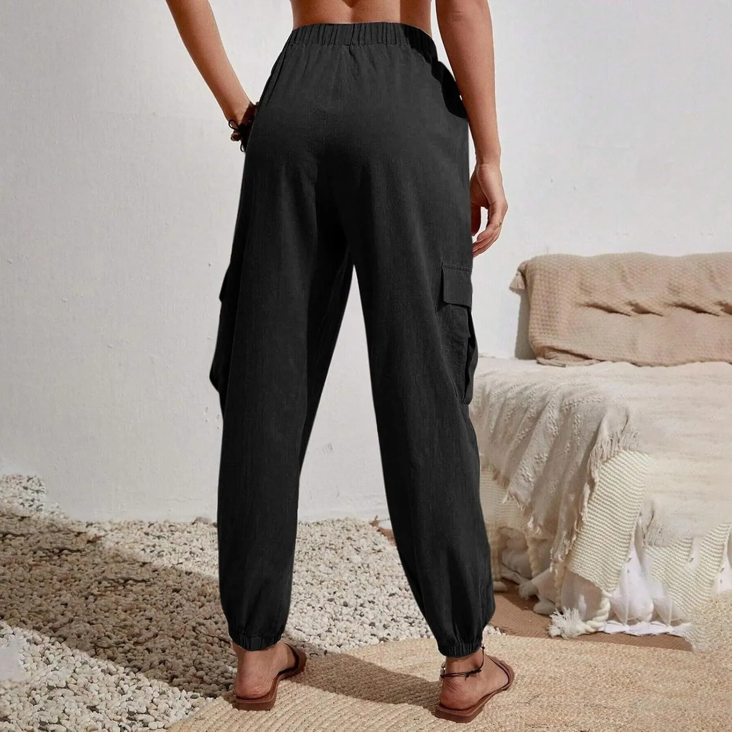 Womens Cargo Pants Summer Elastic High Waisted Lounge Jogger Pant Lightweight Adjustable Drawstring Harem Pants