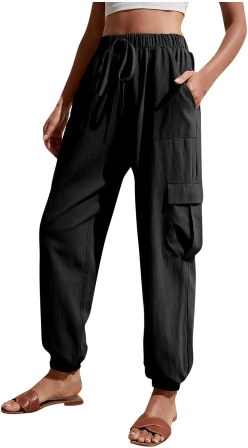 Womens Cargo Pants Summer Elastic High Waisted Lounge Jogger Pant Lightweight Adjustable Drawstring Harem Pants