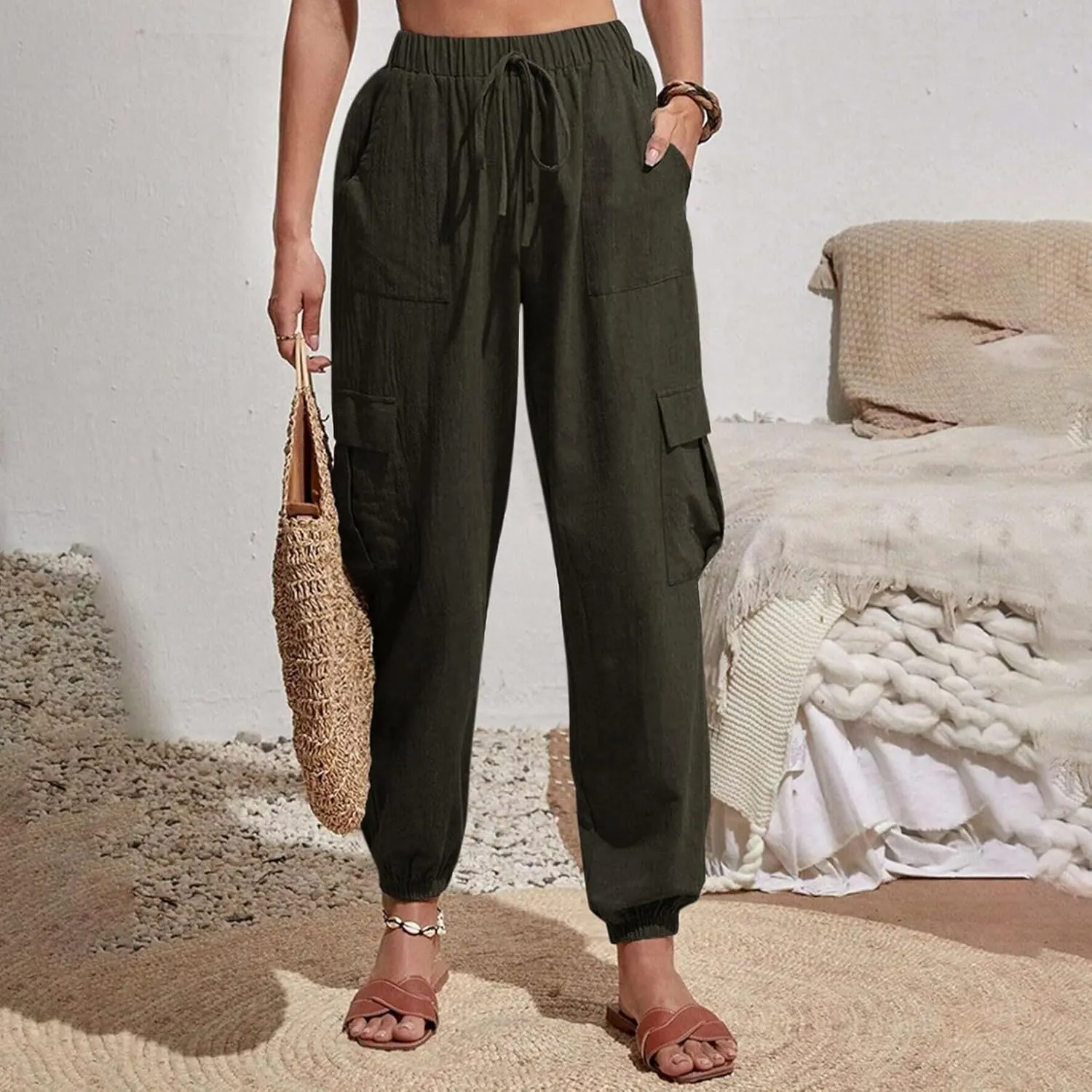 Womens Cargo Pants Summer Elastic High Waisted Lounge Jogger Pant Lightweight Adjustable Drawstring Harem Pants
