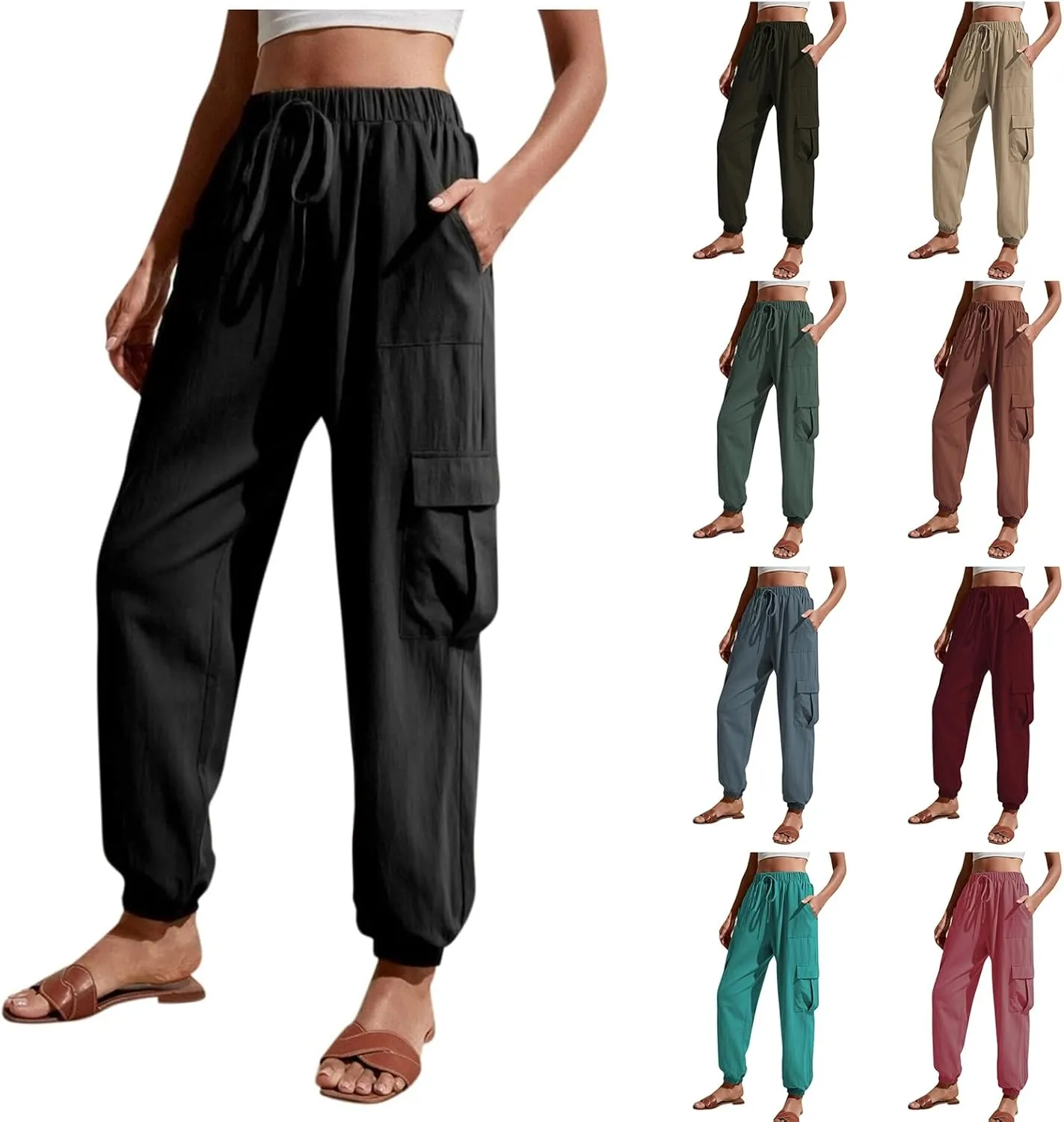 Womens Cargo Pants Summer Elastic High Waisted Lounge Jogger Pant Lightweight Adjustable Drawstring Harem Pants