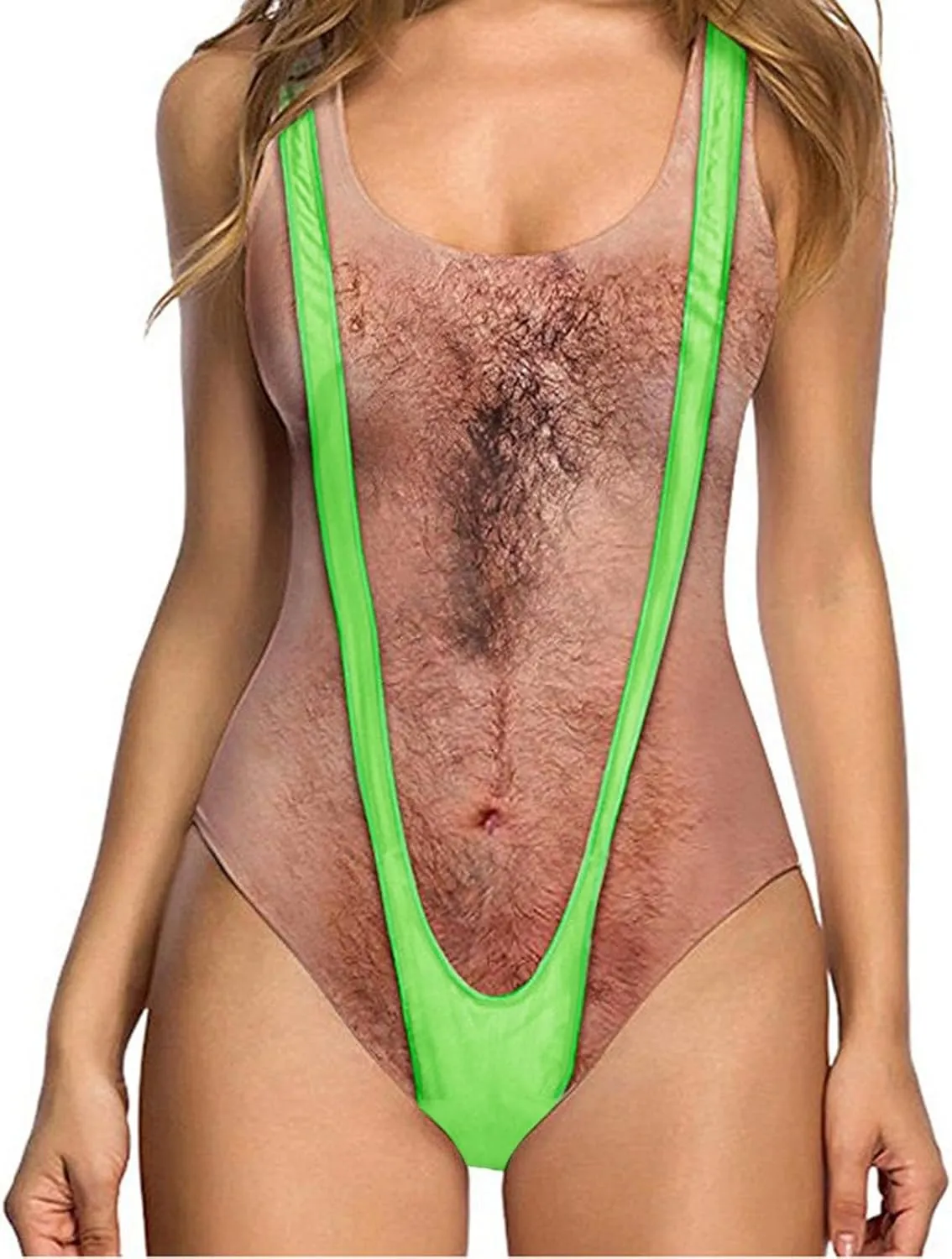 Women's Chest Hair Funny Print One Piece Swimsuits 2024 Summer Beach Monokini Holiday Vacation Modest Bathing Suits