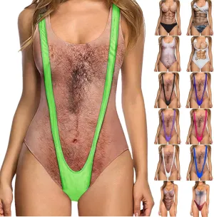 Women's Chest Hair Funny Print One Piece Swimsuits 2024 Summer Beach Monokini Holiday Vacation Modest Bathing Suits