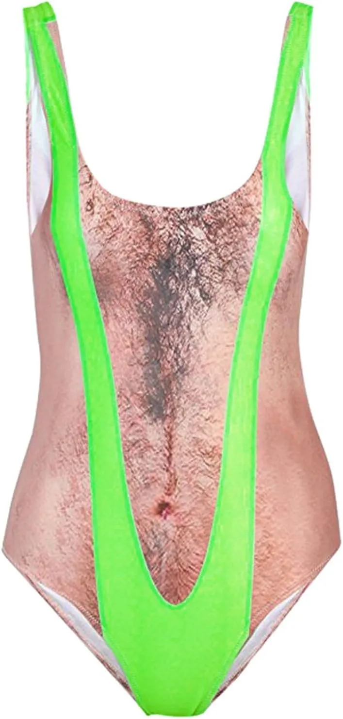Women's Chest Hair Funny Print One Piece Swimsuits 2024 Summer Beach Monokini Holiday Vacation Modest Bathing Suits