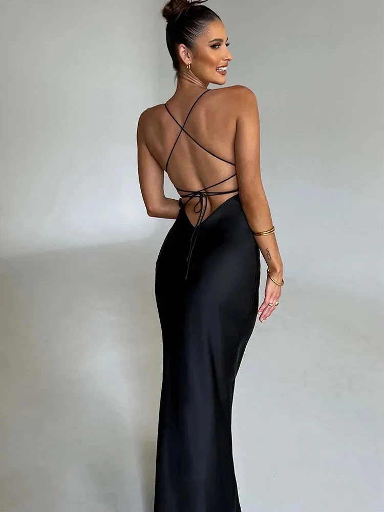 Women's Cocktail Satin Deep V-Neck Fashion Designer High Split Dresses (Long)