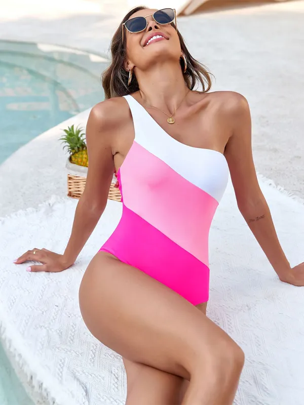 Women's Color-Block One-Shoulder Swimsuit for Active Aquatics