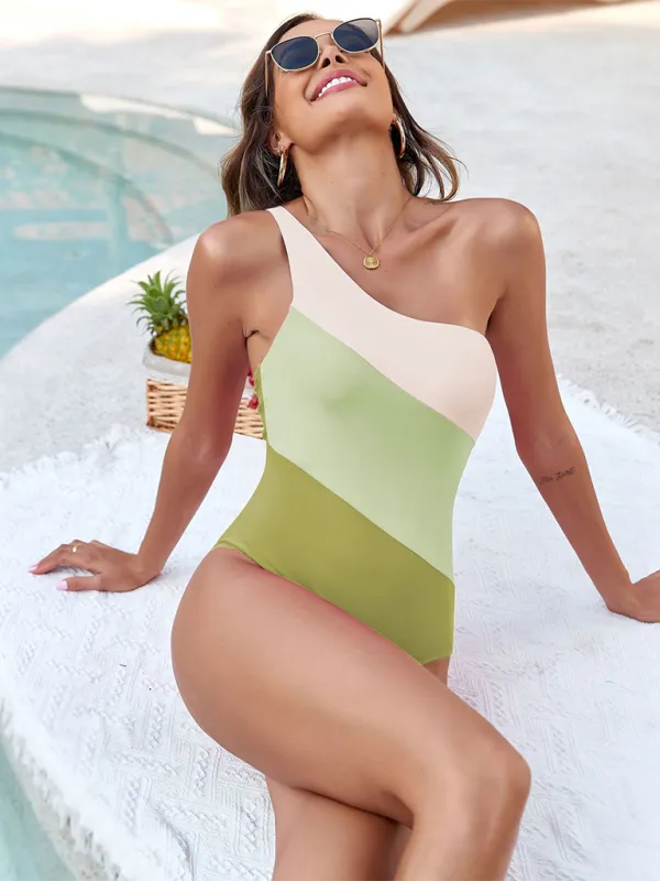 Women's Color-Block One-Shoulder Swimsuit for Active Aquatics