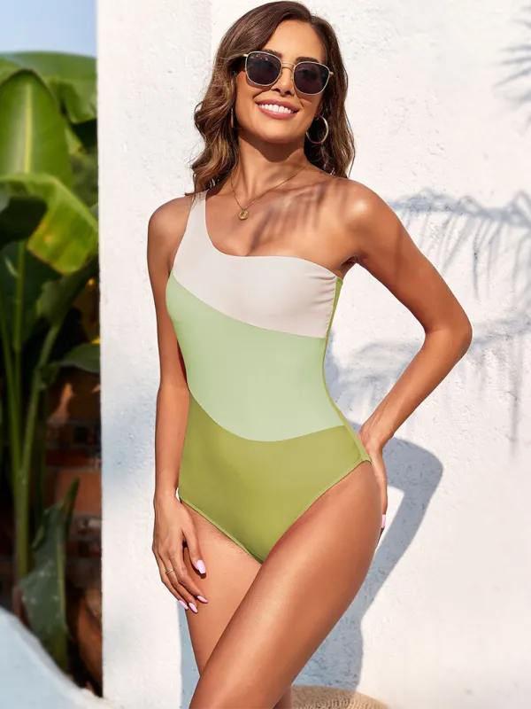 Women's Color-Block One-Shoulder Swimsuit for Active Aquatics
