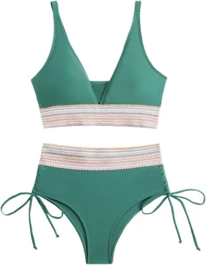 Women's Color Blocking Deep V Bikini Pleated Swimsuit Plus Size Bikini for Women Sunflower