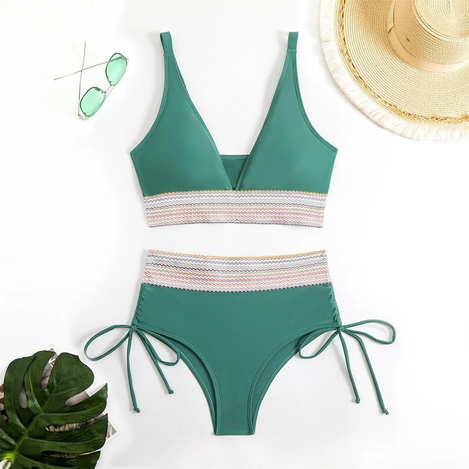 Women's Color Blocking Deep V Bikini Pleated Swimsuit Plus Size Bikini for Women Sunflower
