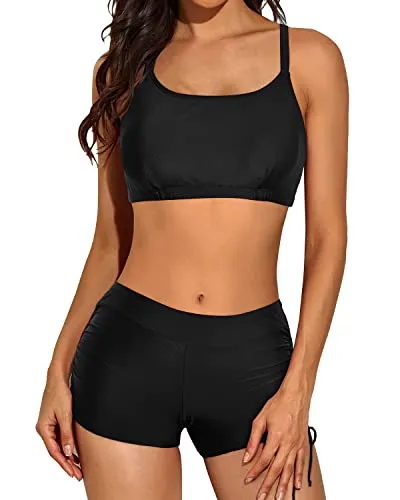 Women's Cutout Back Tankini Top & Mid Waist Boyleg Bottoms-Black