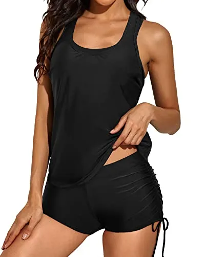 Women's Cutout Back Tankini Top & Mid Waist Boyleg Bottoms-Black
