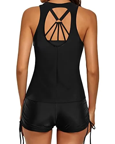 Women's Cutout Back Tankini Top & Mid Waist Boyleg Bottoms-Black