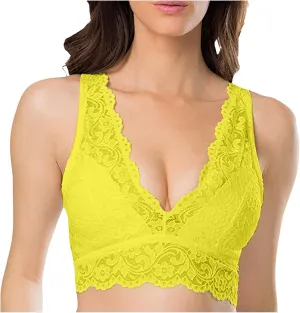 Womens Deep V Neck Seamless Bras Lace Mesh Sheer Push Up Bra Padded Wireless No Underwire Beauty Back Comfy Underwear