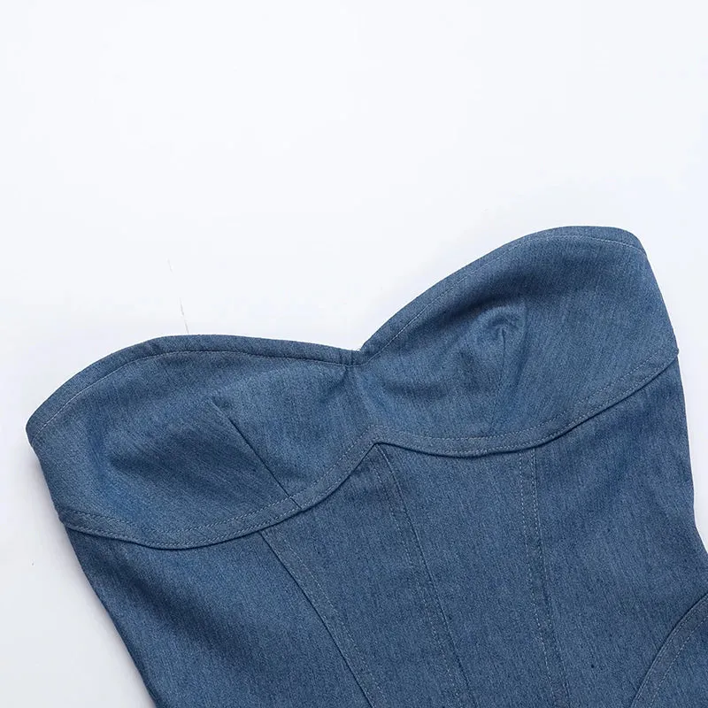 Women's Denim Off Shoulders Fashion Designer Corset Mini Dresses (Short)