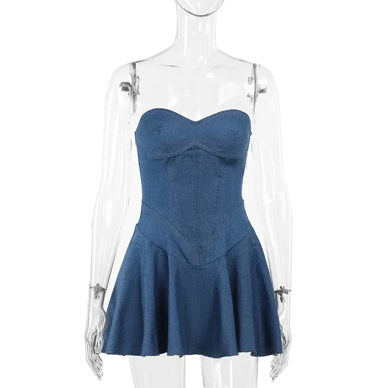 Women's Denim Off Shoulders Fashion Designer Corset Mini Dresses (Short)