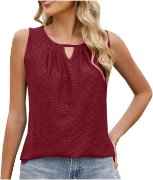 Women's Eyelet Embroidery Tank Tops Summer Keyhole Neck Sleeveless Hollow T-Shirts Casual Beach Coverup Tanks Blouse