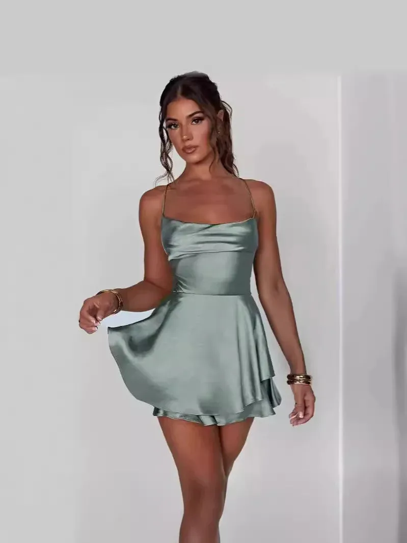 Women's Fashion Designer Spaghetti Strap Satin Dresses (Short)