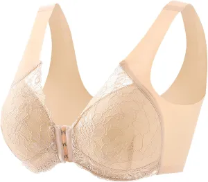 Women's Front Buckle Closure Lace Bras Wireless Full Coverage Push Up Lift Seamless Bra U-Shaped Beauty Back Bralettes