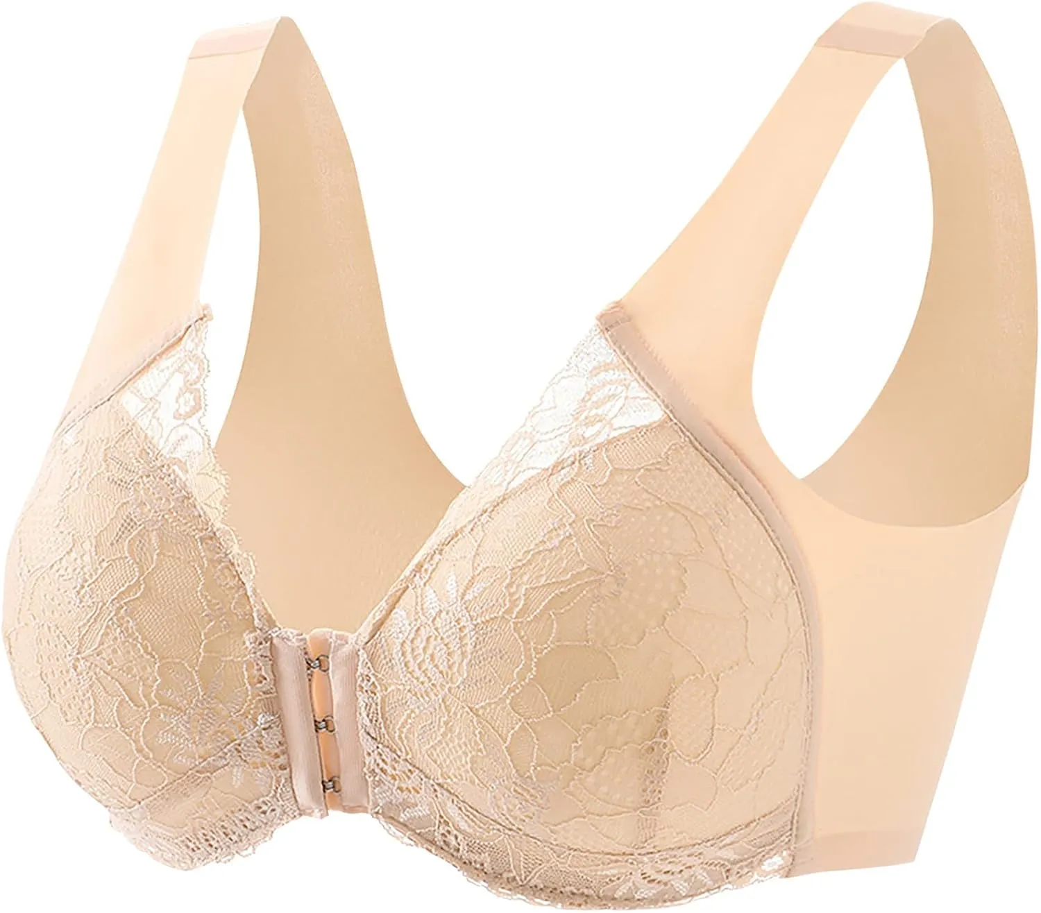 Women's Front Buckle Closure Lace Bras Wireless Full Coverage Push Up Lift Seamless Bra U-Shaped Beauty Back Bralettes