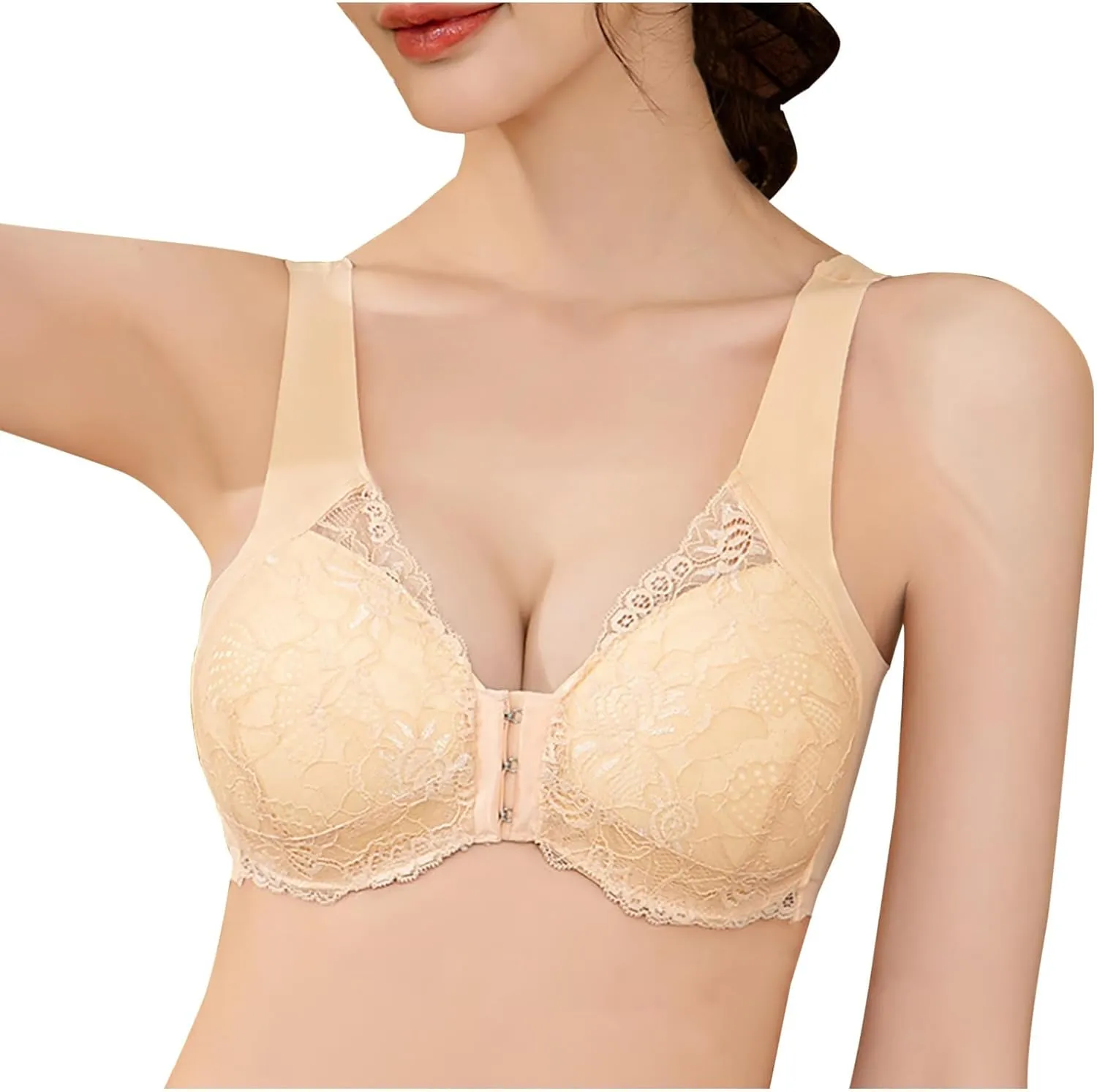 Women's Front Buckle Closure Lace Bras Wireless Full Coverage Push Up Lift Seamless Bra U-Shaped Beauty Back Bralettes