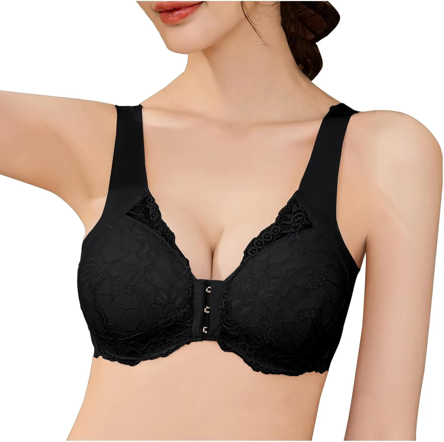 Women's Front Buckle Closure Lace Bras Wireless Full Coverage Push Up Lift Seamless Bra U-Shaped Beauty Back Bralettes
