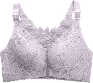Women's Front Closure Full Coverage Lace Bra Sexy Plunge Floral Applique Back Bralettes Comfy Seamless Push Up Bras