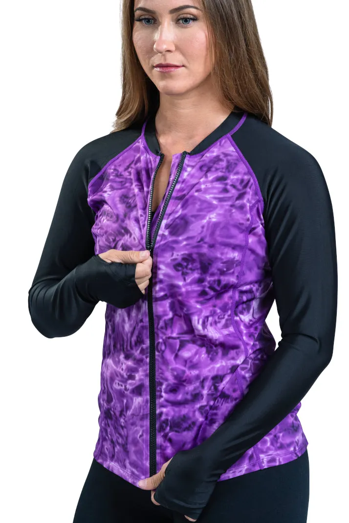 Womens Full Zip Rash Guard Long Sleeve Thumb Hole UPF50  Swim Shirts | Aqua Design