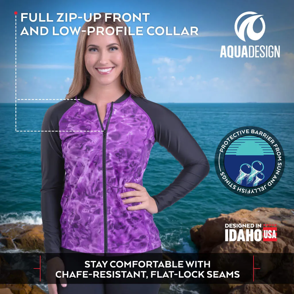 Womens Full Zip Rash Guard Long Sleeve Thumb Hole UPF50  Swim Shirts | Aqua Design