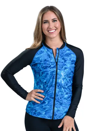 Womens Full Zip Rash Guard Long Sleeve Thumb Hole UPF50  Swim Shirts | Aqua Design