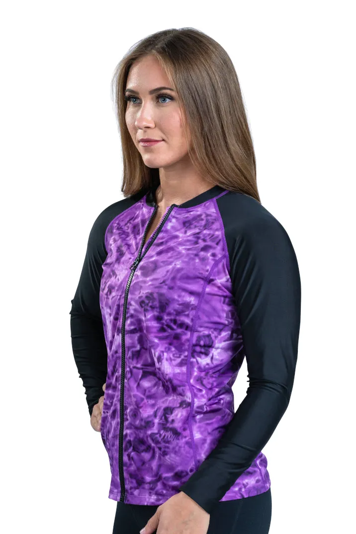 Womens Full Zip Rash Guard Long Sleeve Thumb Hole UPF50  Swim Shirts | Aqua Design