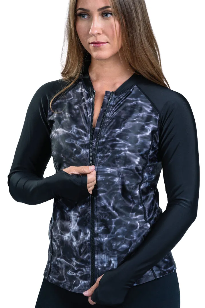Womens Full Zip Rash Guard Long Sleeve Thumb Hole UPF50  Swim Shirts | Aqua Design