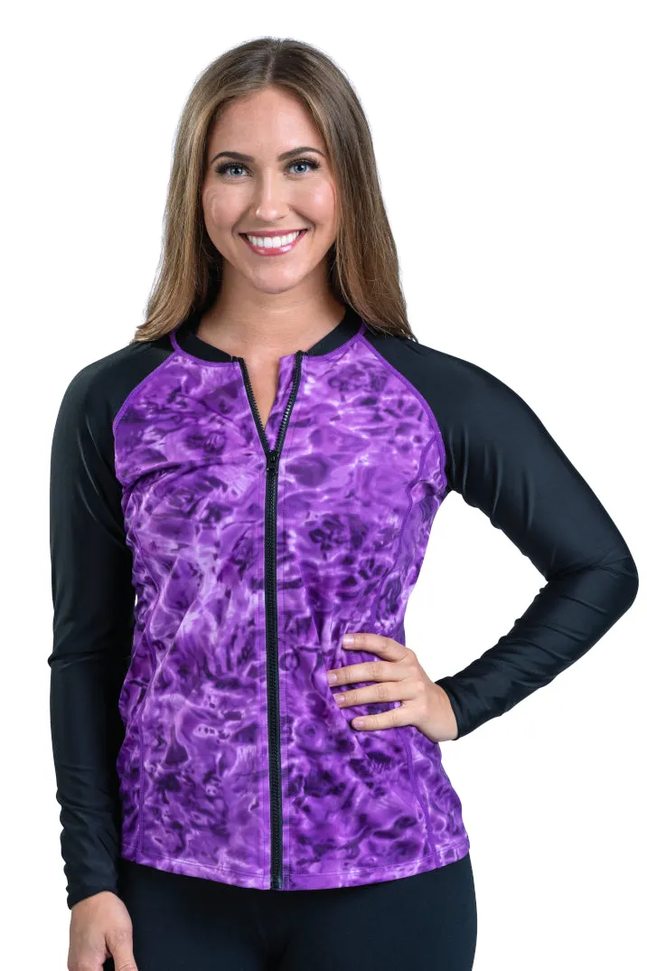 Womens Full Zip Rash Guard Long Sleeve Thumb Hole UPF50  Swim Shirts | Aqua Design