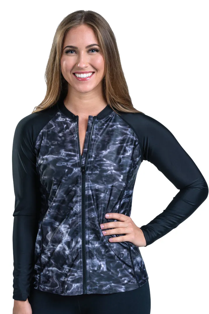 Womens Full Zip Rash Guard Long Sleeve Thumb Hole UPF50  Swim Shirts | Aqua Design