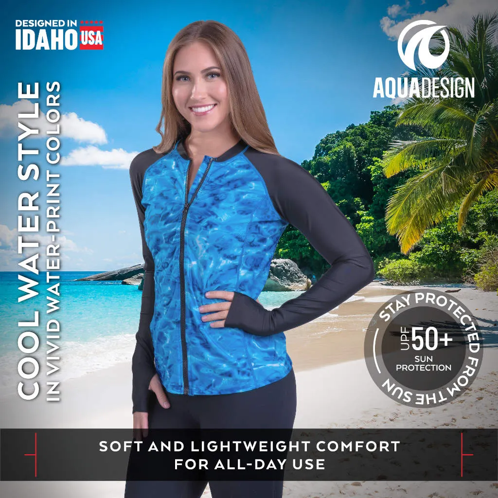 Womens Full Zip Rash Guard Long Sleeve Thumb Hole UPF50  Swim Shirts | Aqua Design
