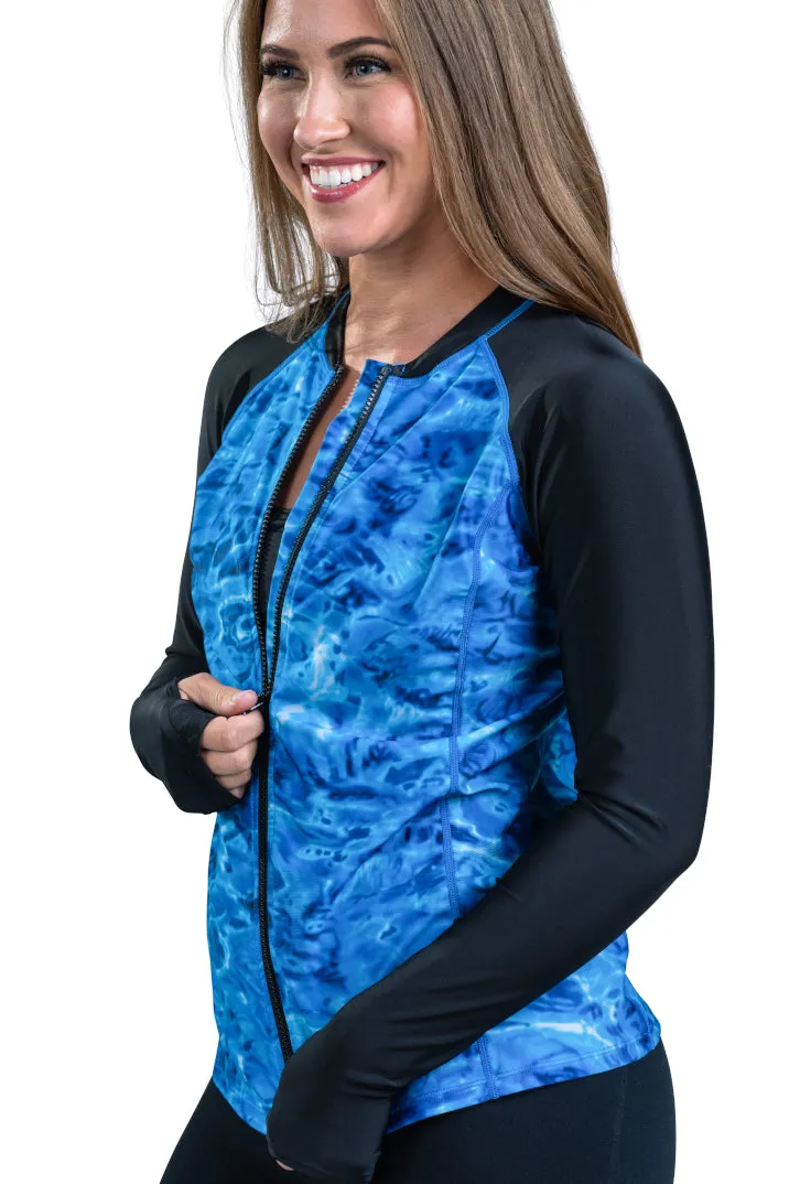 Womens Full Zip Rash Guard Long Sleeve Thumb Hole UPF50  Swim Shirts | Aqua Design
