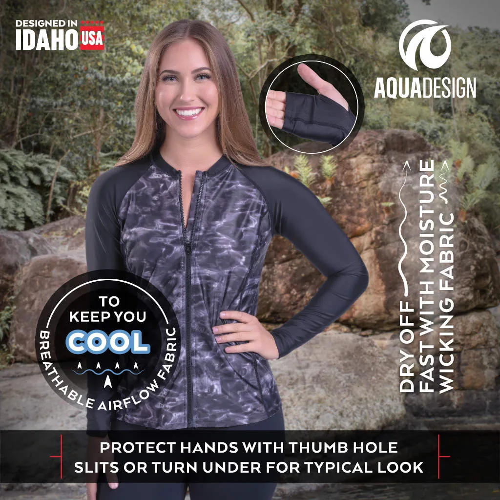 Womens Full Zip Rash Guard Long Sleeve Thumb Hole UPF50  Swim Shirts | Aqua Design