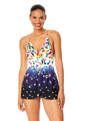 Women's Gradient Floral Swim Dress With Skirted Bottom