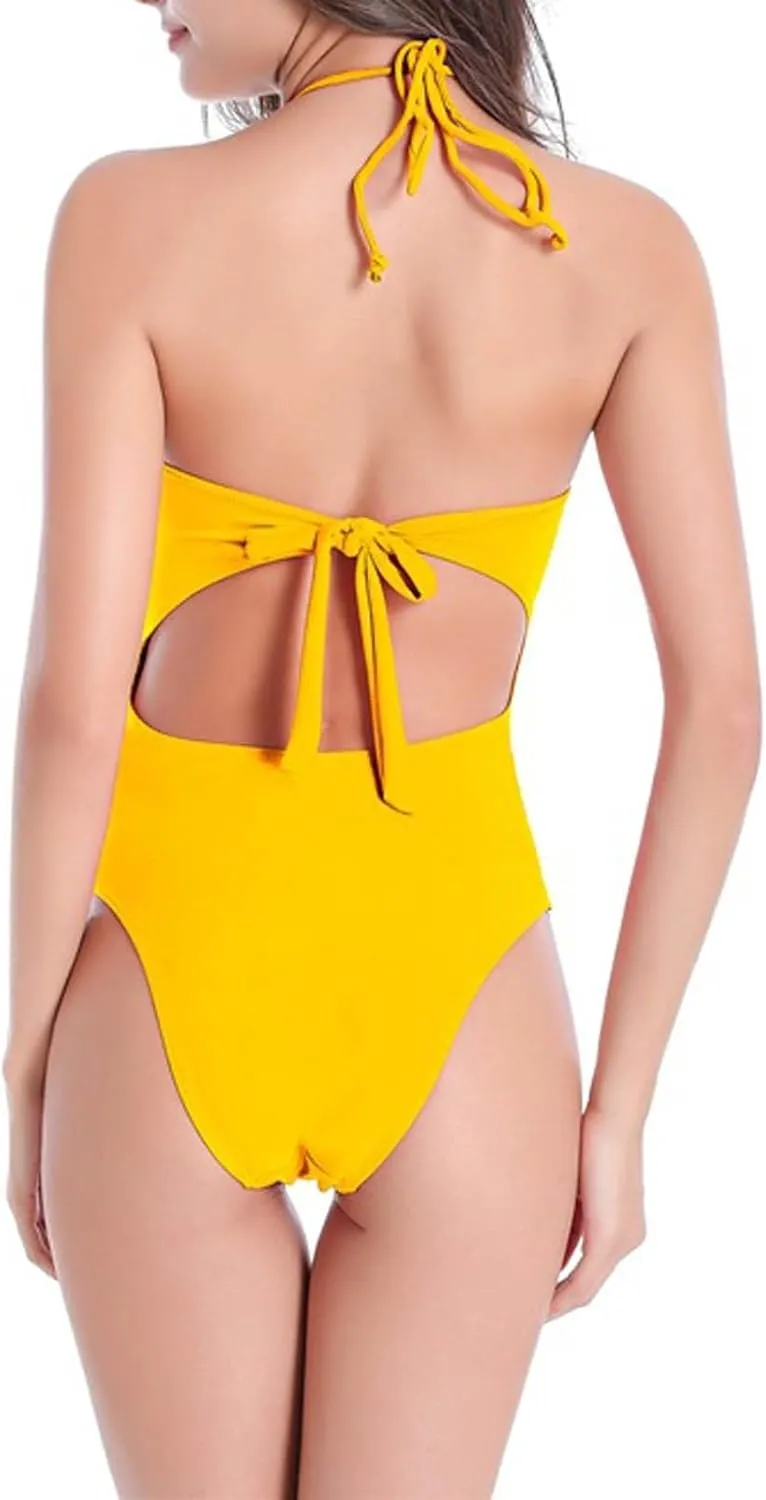 Womens Halter One Piece Swimsuit Backless Sexy Cutout Bathing Suit Summer Beach Solid Swimwear 2025 Cheeky Swim Suit