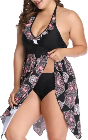 Women's Halter Swimsuit Flowy Irregular Floral Swimdress Adjustable Backless Deep V Neck Ruffle Bathing Suits