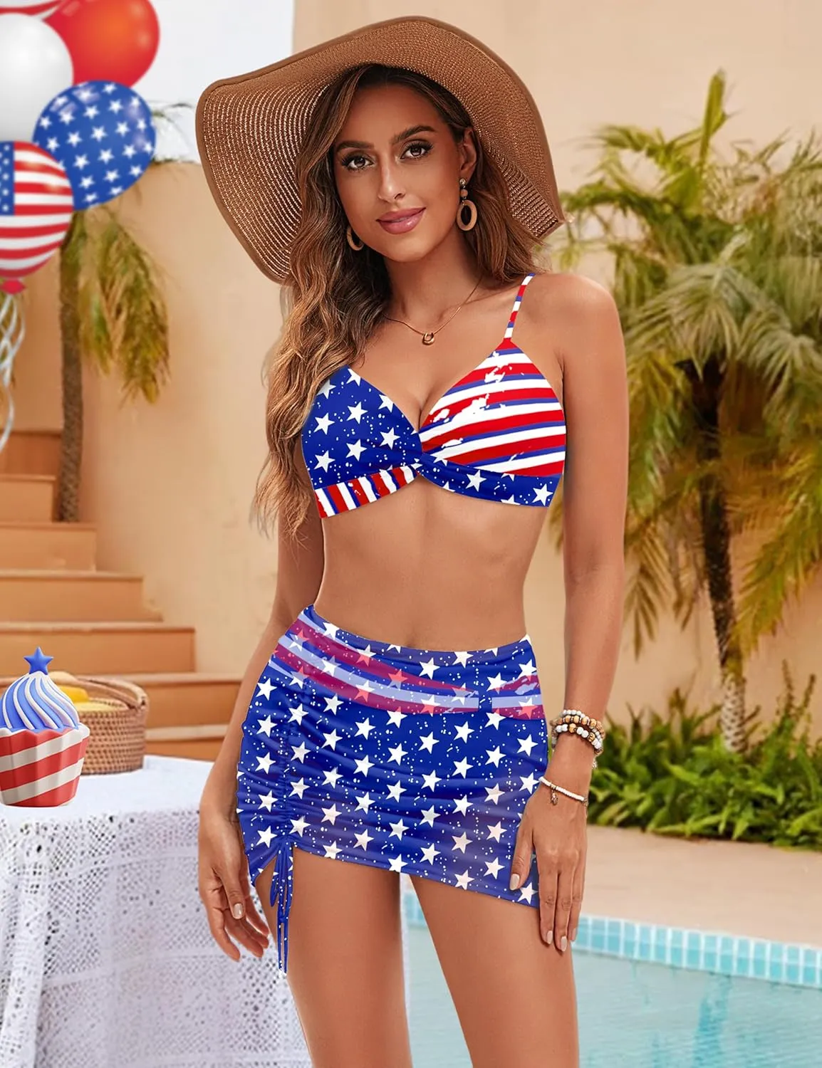Womens High Waisted Bikini Sets Twist Front Push Up Floral Swimsuits Tummy Control Bathing Suit Drawstring Cover Up