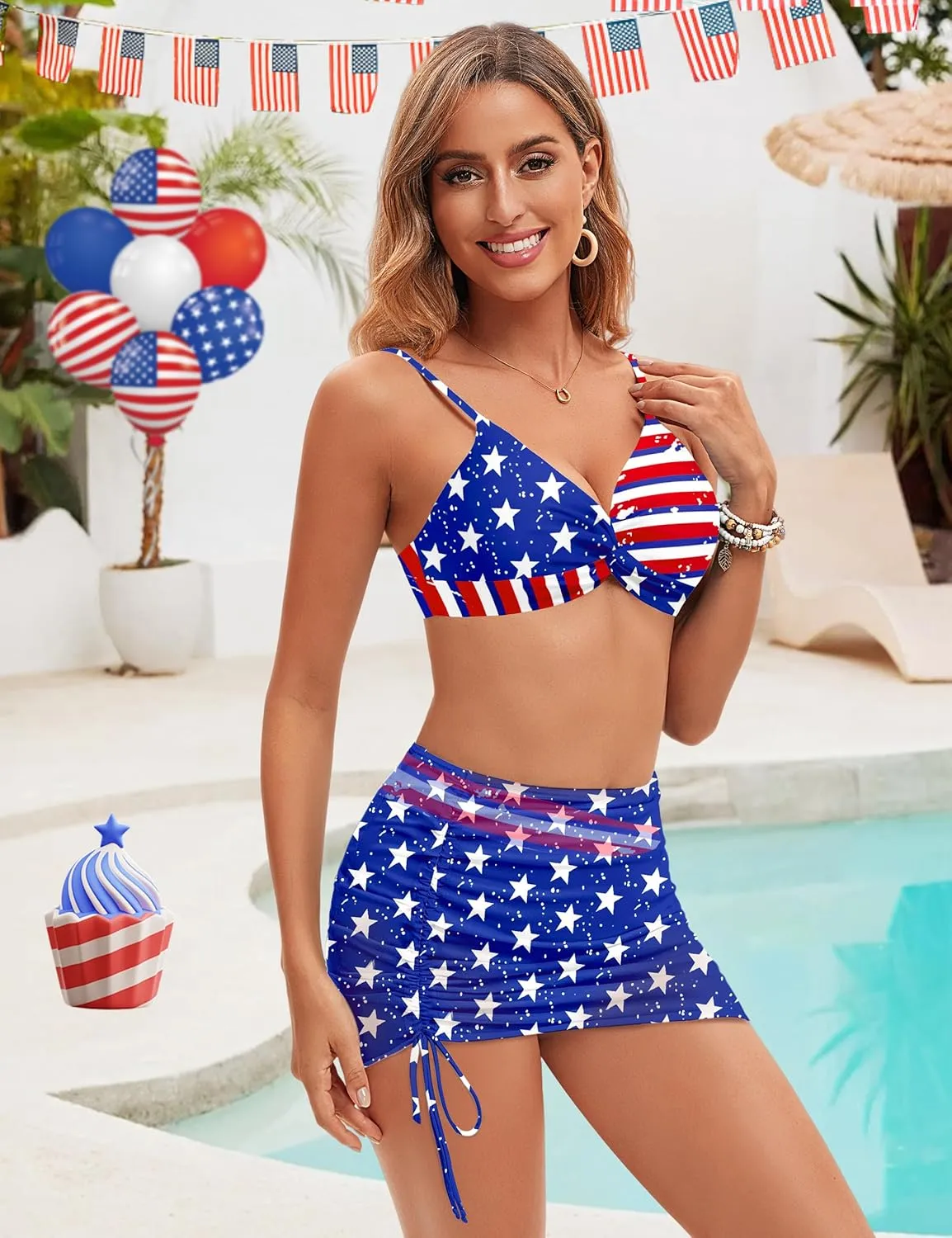 Womens High Waisted Bikini Sets Twist Front Push Up Floral Swimsuits Tummy Control Bathing Suit Drawstring Cover Up