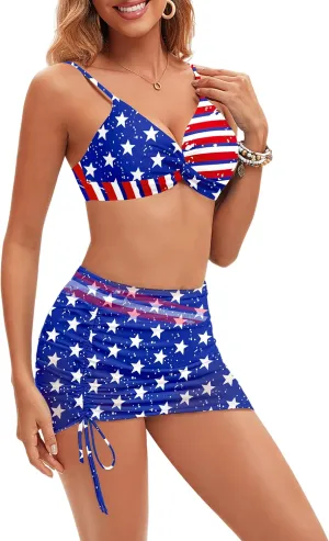 Womens High Waisted Bikini Sets Twist Front Push Up Floral Swimsuits Tummy Control Bathing Suit Drawstring Cover Up