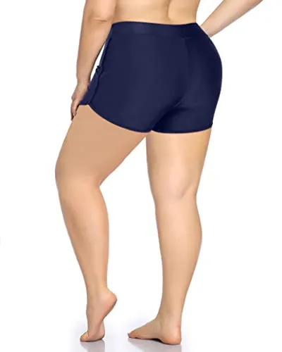 Women's High Waisted Tummy Control Plus Size Swim Shorts-Navy Blue