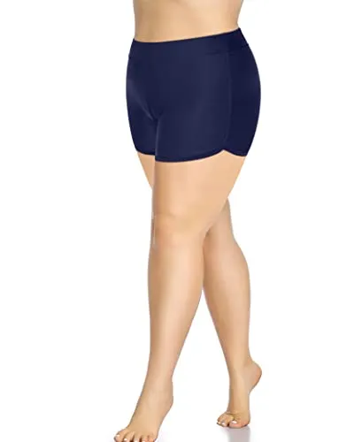 Women's High Waisted Tummy Control Plus Size Swim Shorts-Navy Blue